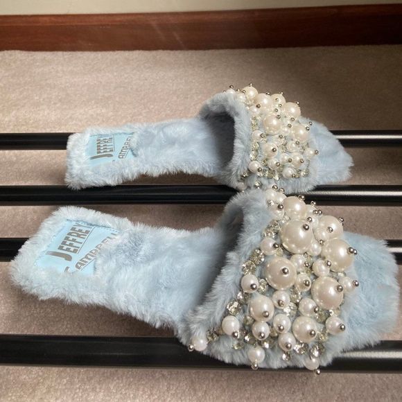 JEFFREY CAMPBELL Fascile Pearl Gemstones Plush Slide Sandals - NEW NWOB - Picture 6 of 8